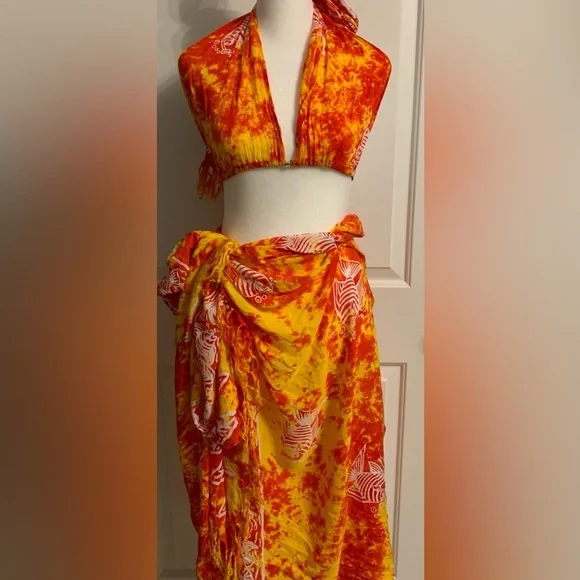 Bikini Top & Long Sarong Wrap Skirt, One Size, Orange, White & Yellow Color, EUC - Picture 3 of 10